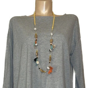 Women’s necklace Boho bouquet long charm chord stone feather handmade yellow tan